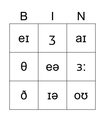 English Words Bingo Card