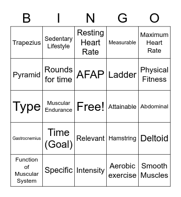 Personal Fitness Bingo Card