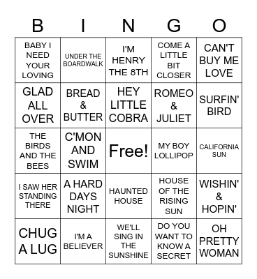 60S HITS Bingo Card