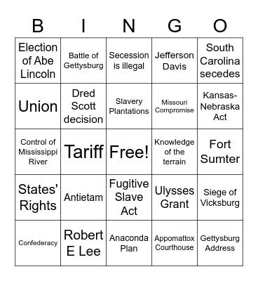 Civil War Bingo Card