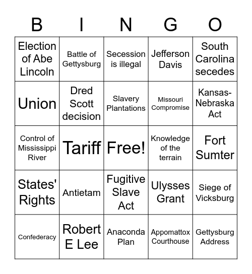 Civil War Bingo Card