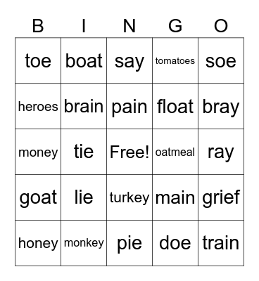 AY, AI, IE, OA, OE, EY Bingo Card