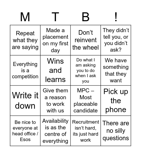 Marie's Training Bingo Card