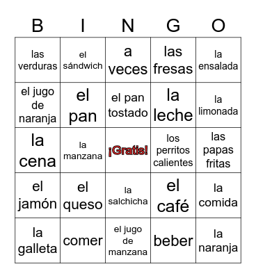 Vocabulario de capítulo 3A Bingo Card