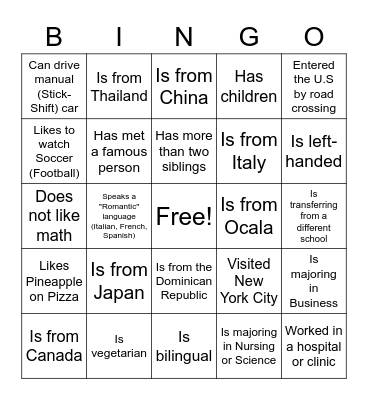 International Bingo Card