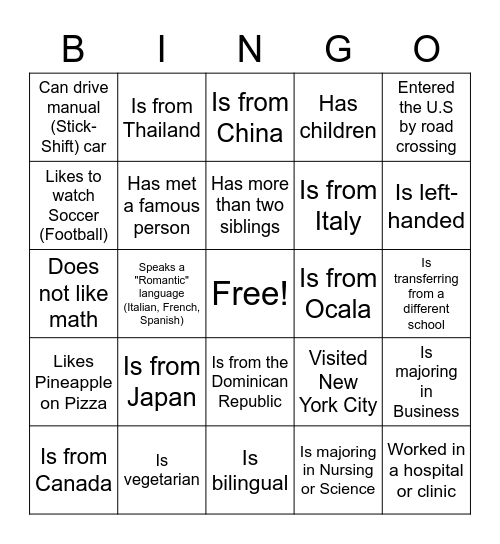 International Bingo Card