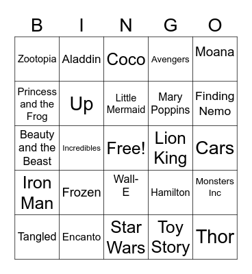 Disney Movie Theme Bingo Card