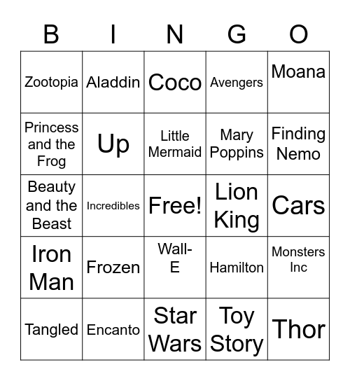 Disney Movie Theme Bingo Card