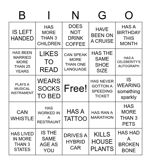GET TO KNOW YOU / FIND SOMEONE Bingo Card
