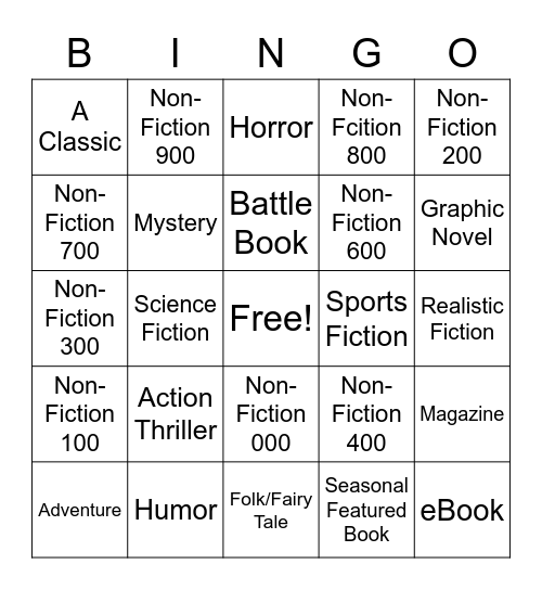 Book Genre Bingo Card