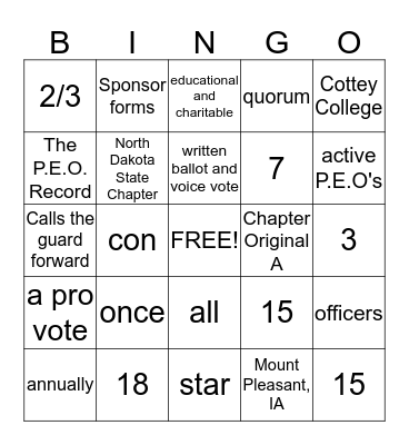 P.E.O.  BINGO Card