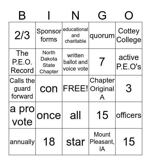 P.E.O.  BINGO Card