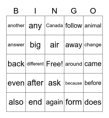 Sight Words 4.1 Bingo Card