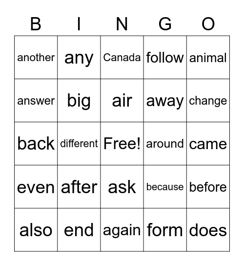 Sight Words 4.1 Bingo Card