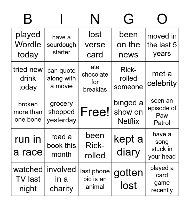 Human Scavenger Hunt Bingo Card