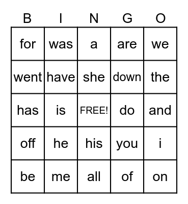 Sight Words Bingo Card