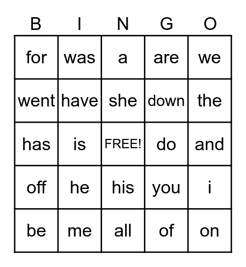 Sight Words Bingo Card