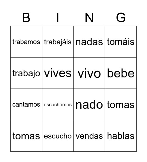 Present tense verb Bingo Card