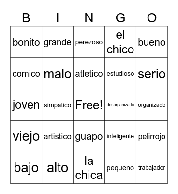 Spanish Descriptions Bingo Card
