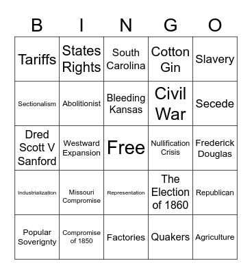Sectionalism Bingo Card