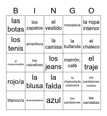 La Ropa y Los Colores Bingo Card