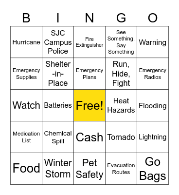 SJC Disaster Preparedness Bingo Card