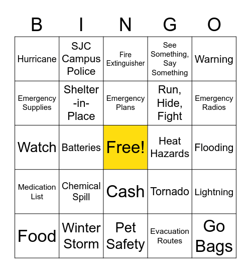 SJC Disaster Preparedness Bingo Card