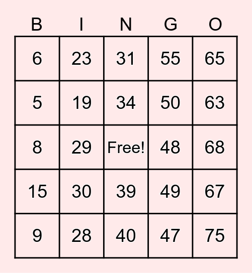 Yams Bingo Game 1 Bingo Card