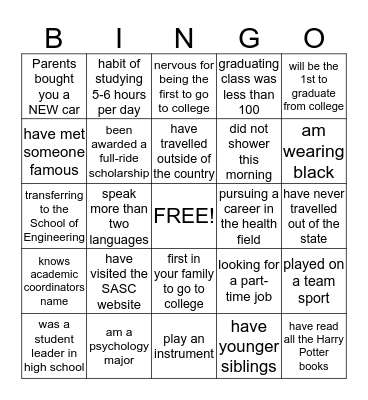 TRiO SSS Fall Welcome Bingo Card