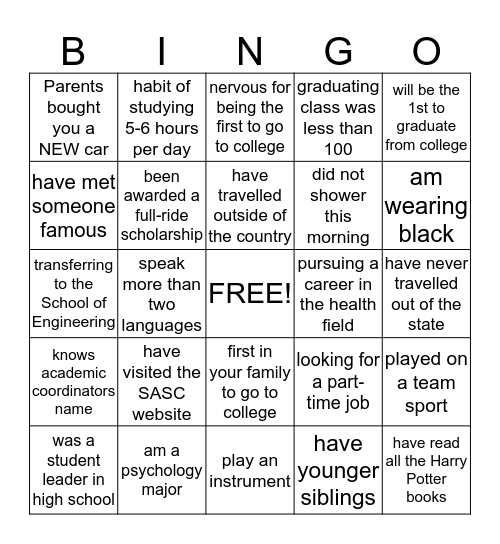 TRiO SSS Fall Welcome Bingo Card