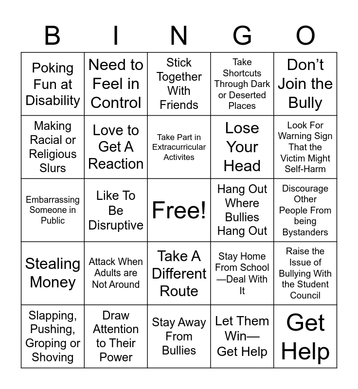 Bully Prevention Bingo Card