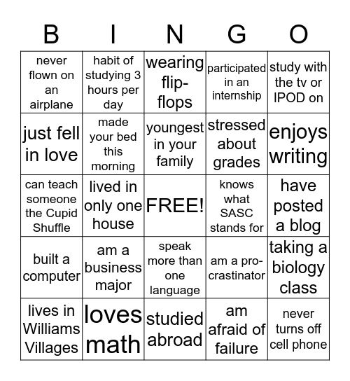 TRiO SSS Fall Welcome Bingo Card