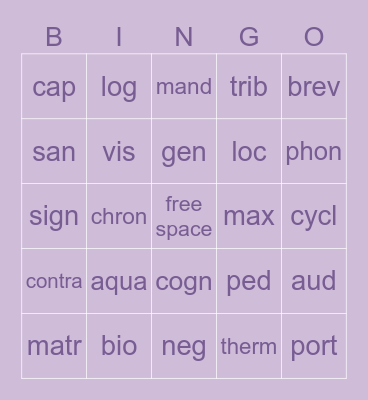 Greek and Latin Roots Bingo Card