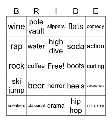 BRIDE Bingo Card