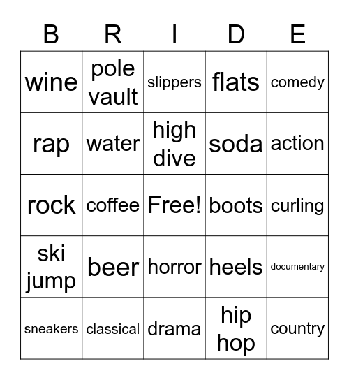 BRIDE Bingo Card