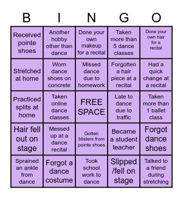 DANCER BINGO🩰 Bingo Card
