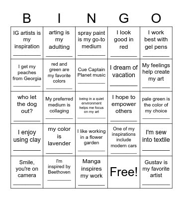 Art Show Artists Bingo Card