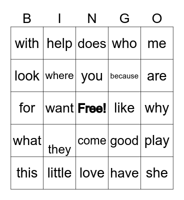 Sight Words Bingo Card