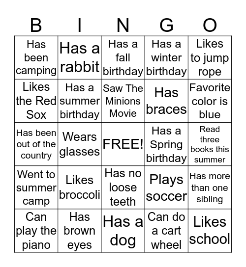 Grade 3 Bingo Card