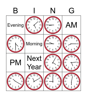 Telling Time on An Analog Clock Bingo Card