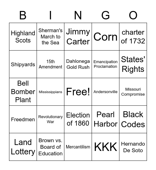 Georgia Studies GMAS Review Bingo Card