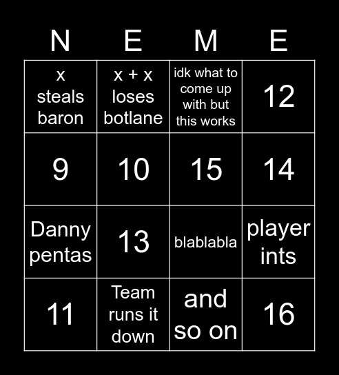 Neme test Bingo Card
