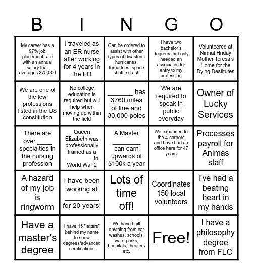 Career Fair BINGO Card
