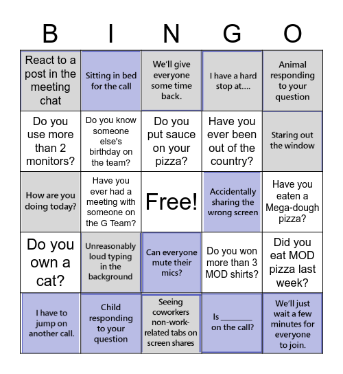 Microsoft Teams Meeting BINGO Card