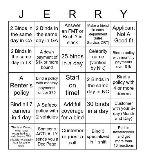 Jerry Bingo Card