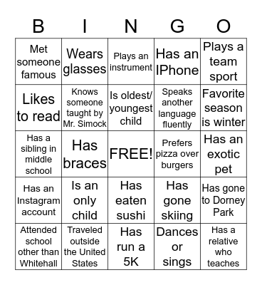 Getting To Know You Bingo Card