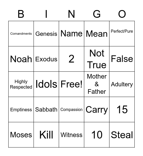 10 Commandments Bingo Card