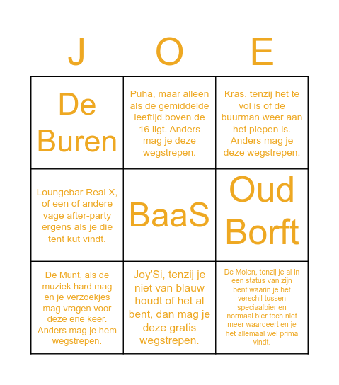 Borftse Oranje Kroegentocht Bingo Card