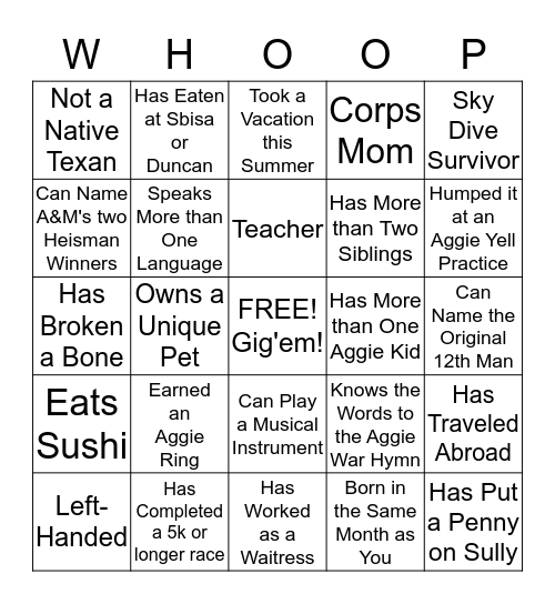 Aggie Mom Bingo Card