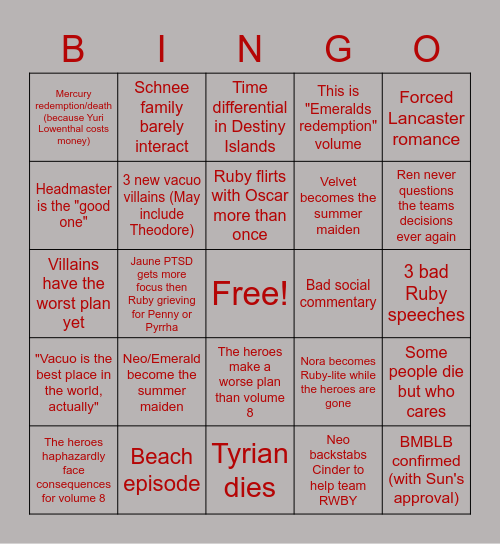 RWBYngo Volume 9 Bingo Card